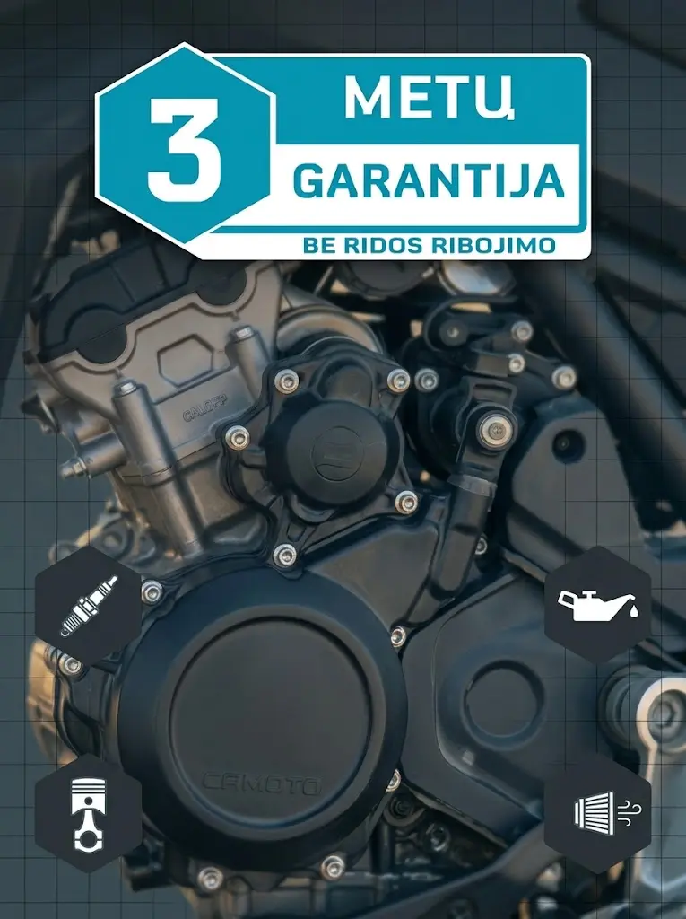 CFMOTO 1000MT-X motociklui suteikiama 3 metų gamintojo garantija be ridos ribojimo.